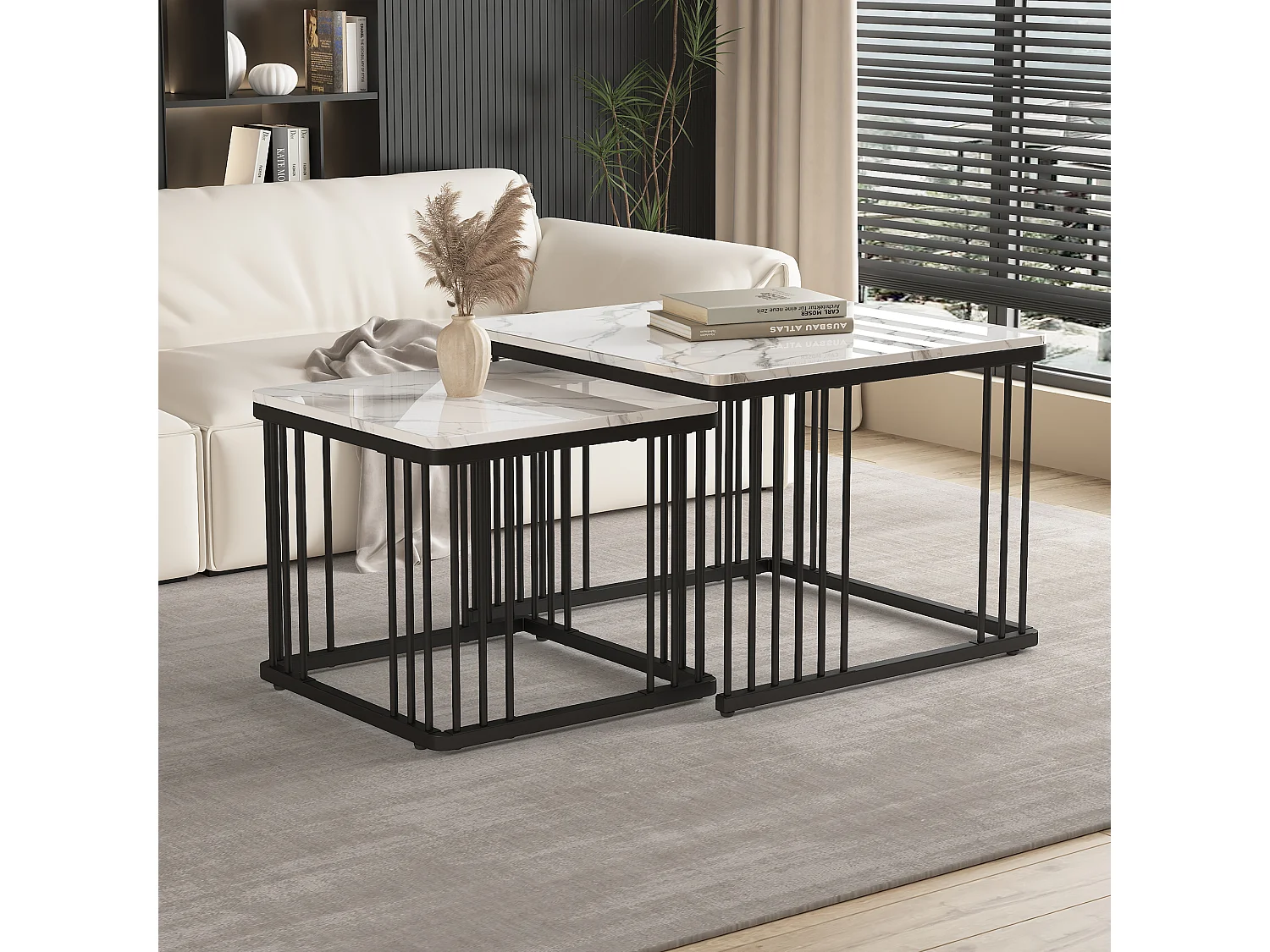 Zestaw 2 kwadratowych stolików kawowych - 60x60x45cm + 45x45x40cm - Wzór marmuru - MDF drewno i metal - Biały + czarny