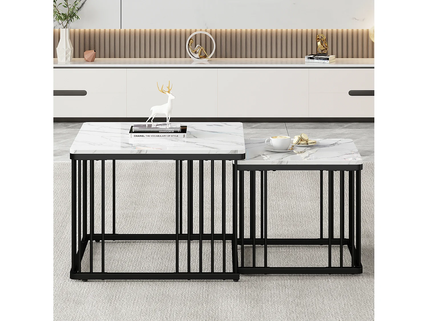 Zestaw 2 kwadratowych stolików kawowych - 60x60x45cm + 45x45x40cm - Wzór marmuru - MDF drewno i metal - Biały + czarny