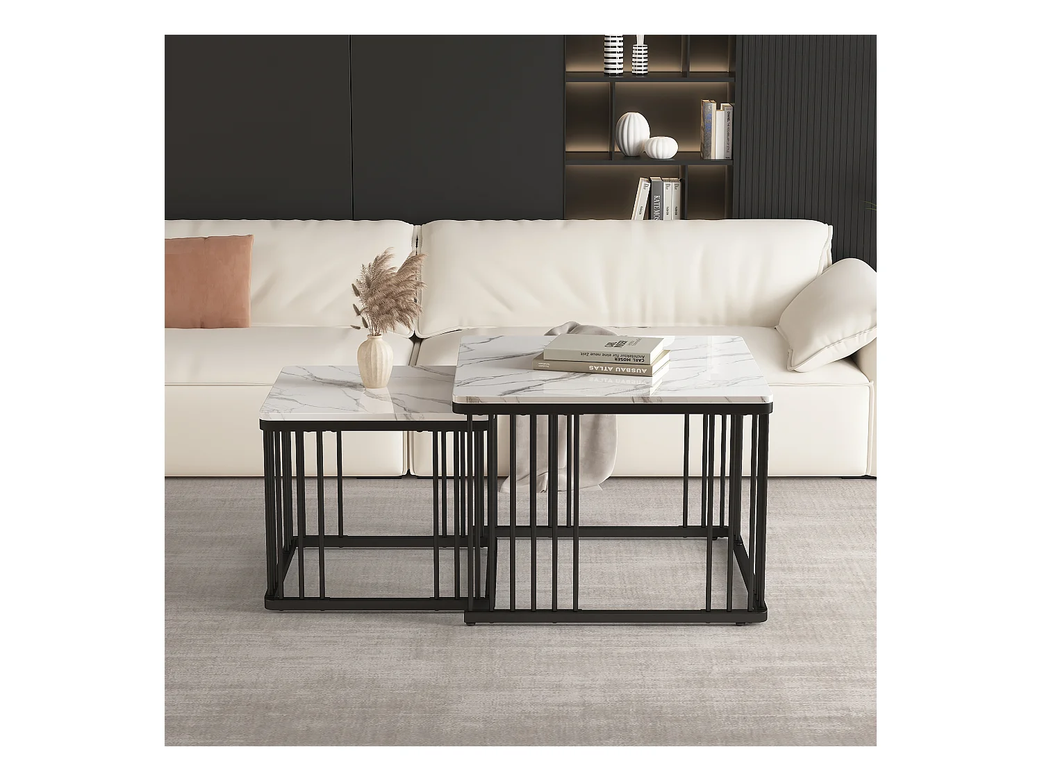 Set aus 2 ineinander steckbaren Couchtischen in quadratischer Form – 60 x 60 x 45 cm + 45 x 45 x 40 cm – Marmormuster – MDF-Holz und Metall – Weiß + Schwarz