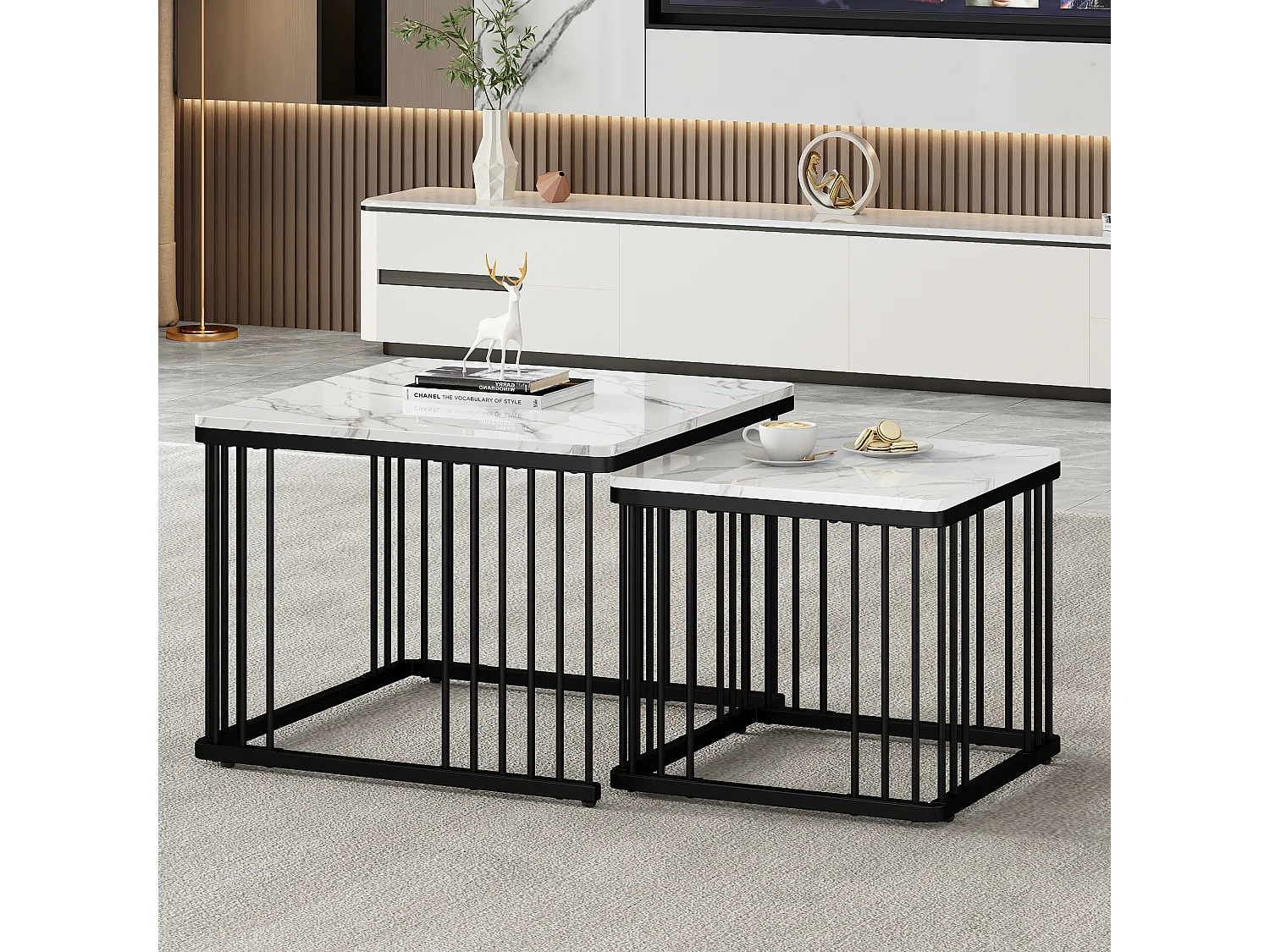Set aus 2 ineinander steckbaren Couchtischen in quadratischer Form – 60 x 60 x 45 cm + 45 x 45 x 40 cm – Marmormuster – MDF-Holz und Metall – Weiß + Schwarz