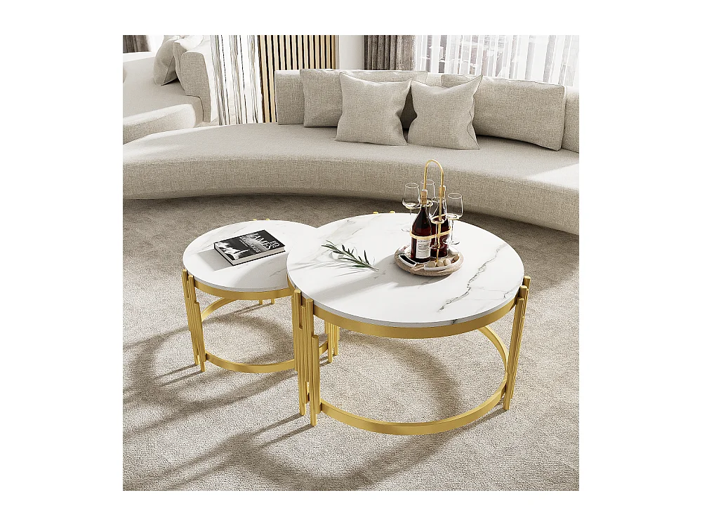 Lot de 2 tables basses gigognes en effet marbre - Bois MDF et métal doré - 71,5x71,5x 44 cm + 51,5x51,5x37 cm - Blanc