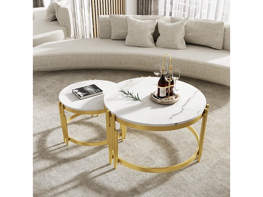 Set van 2 in elkaar schuivende salontafels in marmereffect - Gouden metalen structuur - 71,5x71,5x 44 cm + 51,5x51,5x37 cm - Wit