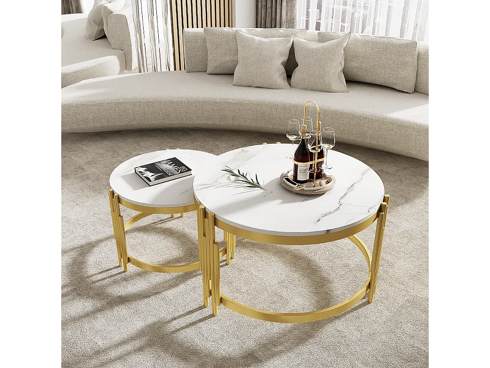 Conjunto de 2 mesas de centro encaixáveis em efeito mármore - Estrutura metálica dourada - 71,5x71,5x 44 cm + 51,5x51,5x37 cm - Branco