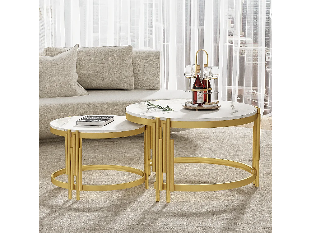 Conjunto de 2 mesas de centro encaixáveis em efeito mármore - Estrutura metálica dourada - 71,5x71,5x 44 cm + 51,5x51,5x37 cm - Branco
