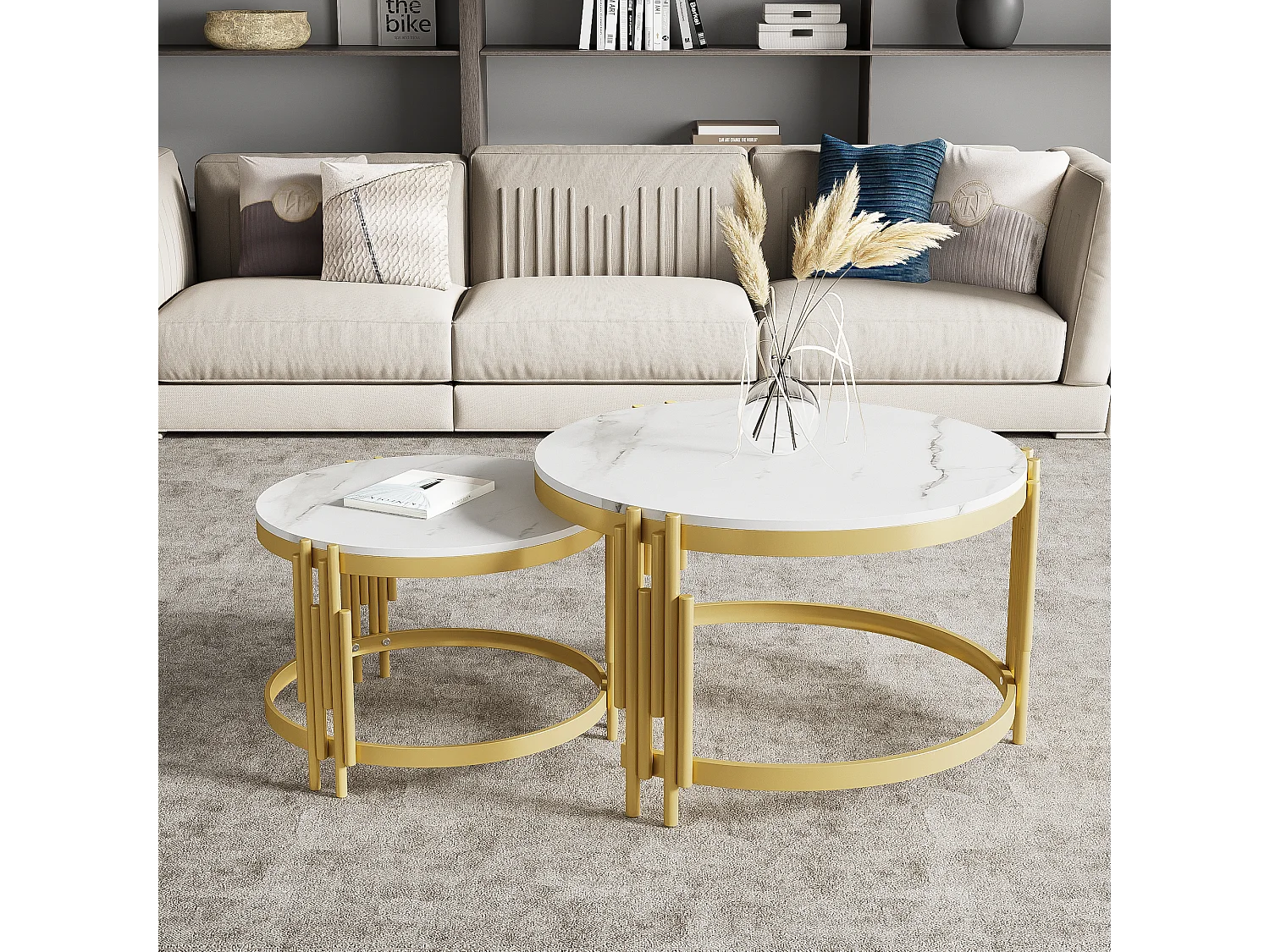 Conjunto de 2 mesas de centro encaixáveis em efeito mármore - Estrutura metálica dourada - 71,5x71,5x 44 cm + 51,5x51,5x37 cm - Branco