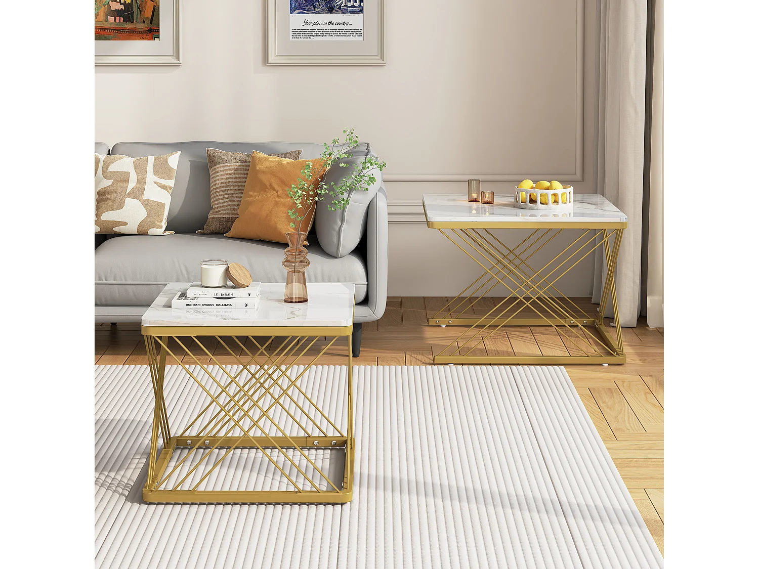 Conjunto de 2 mesas de centro nido de forma cuadrada - 60x60x45 +45x45x40 cm - Efecto mármol - Madera MDF y metal - Blanco + dorado