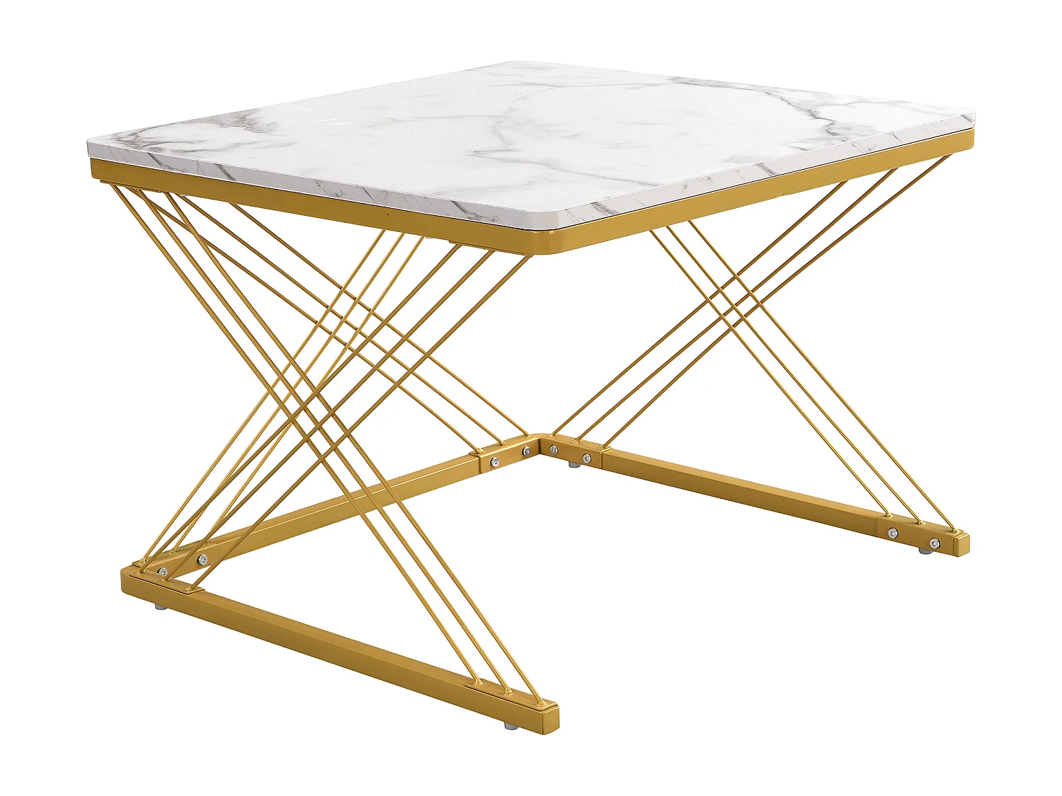 Conjunto de 2 mesas de centro nido de forma cuadrada - 60x60x45 +45x45x40 cm - Efecto mármol - Madera MDF y metal - Blanco + dorado