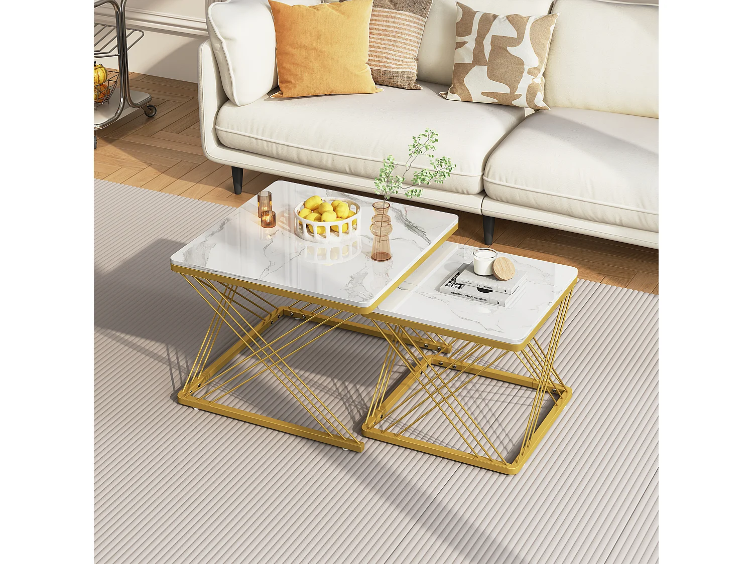 Lot de 2 tables basses gigognes en forme carrée - 60x60x45 +45x45x40 cm - Effet marbre - Bois MDF et métal - Blanc + or