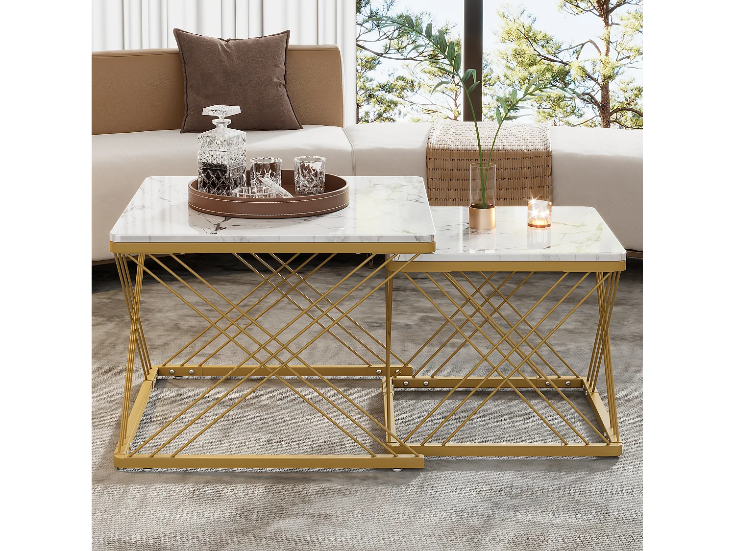 Lot de 2 tables basses gigognes en forme carrée - 60x60x45 +45x45x40 cm - Effet marbre - Bois MDF et métal - Blanc + or