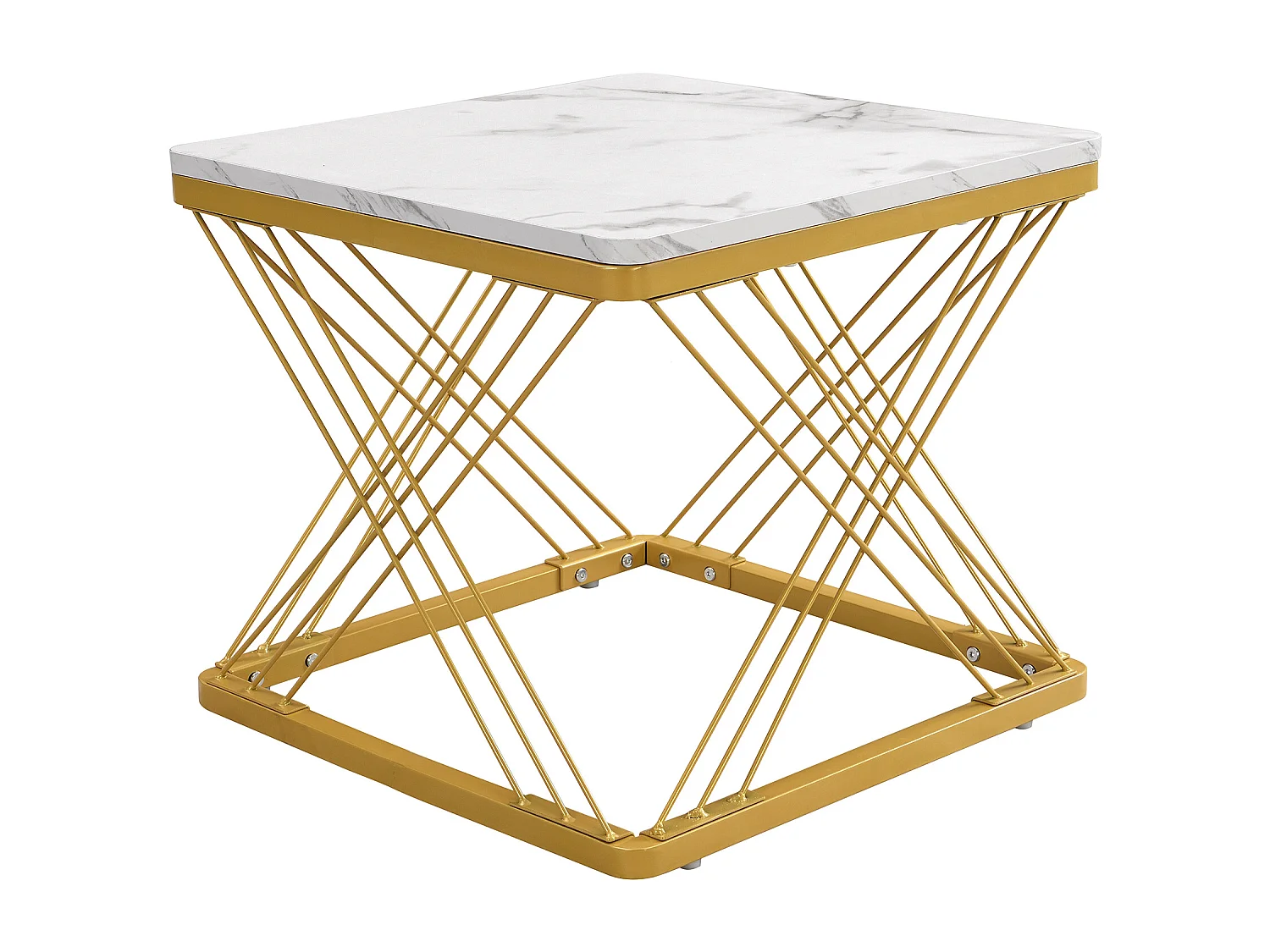 Lot de 2 tables basses gigognes en forme carrée - 60x60x45 +45x45x40 cm - Effet marbre - Bois MDF et métal - Blanc + or