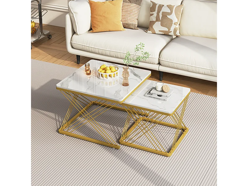 Lot de 2 tables basses gigognes en forme carrée - 60x60x45 +45x45x40 cm - Effet marbre - Bois MDF et métal - Blanc + or