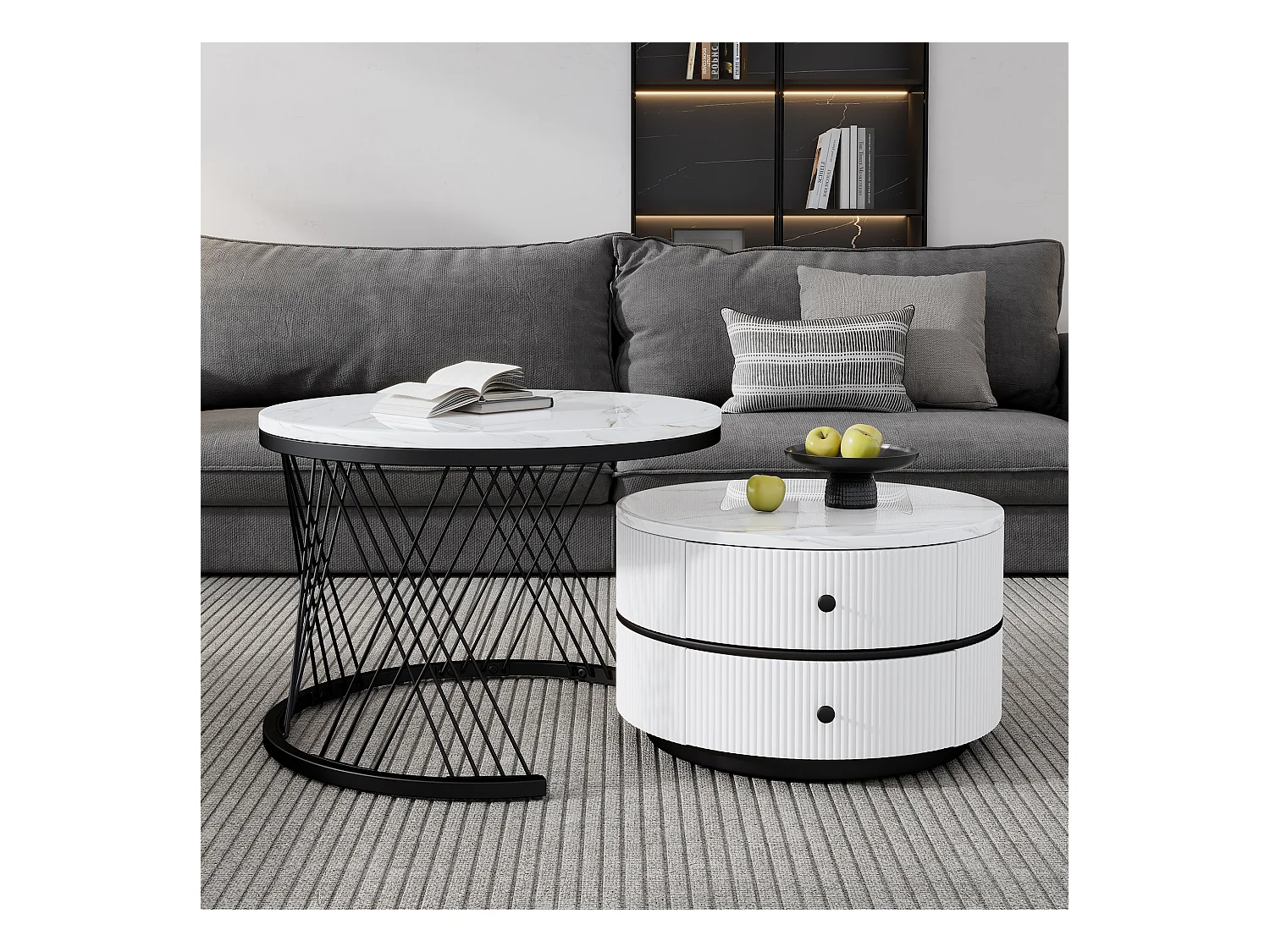 Juego de 2 mesas de centro nido redondas con 2 cajones - 60x60x46cm + 50x50x30,8cm - Motivo mármol - Madera MDF y metal - Blanco + negro