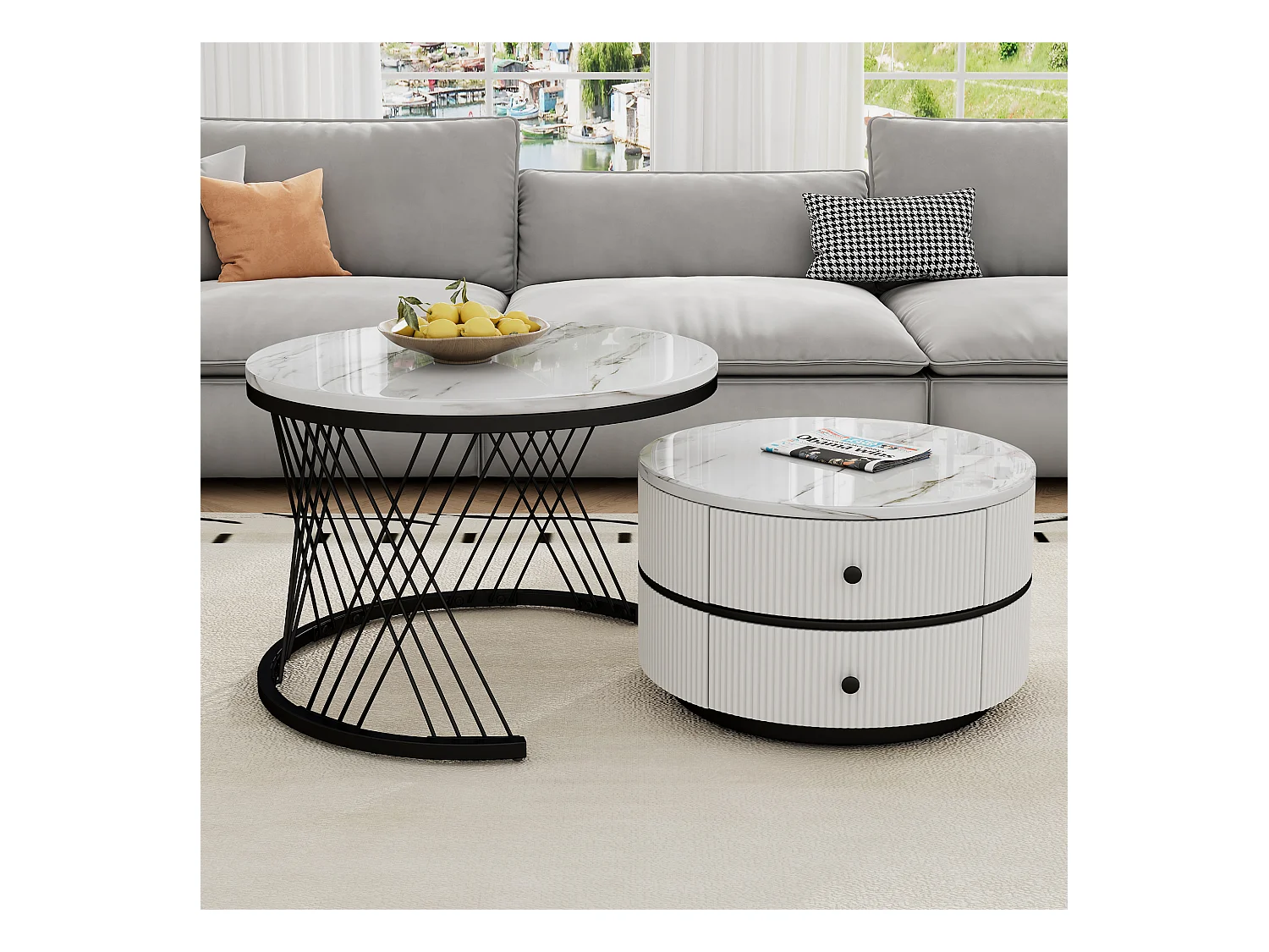 Juego de 2 mesas de centro nido redondas con 2 cajones - 60x60x46cm + 50x50x30,8cm - Motivo mármol - Madera MDF y metal - Blanco + negro