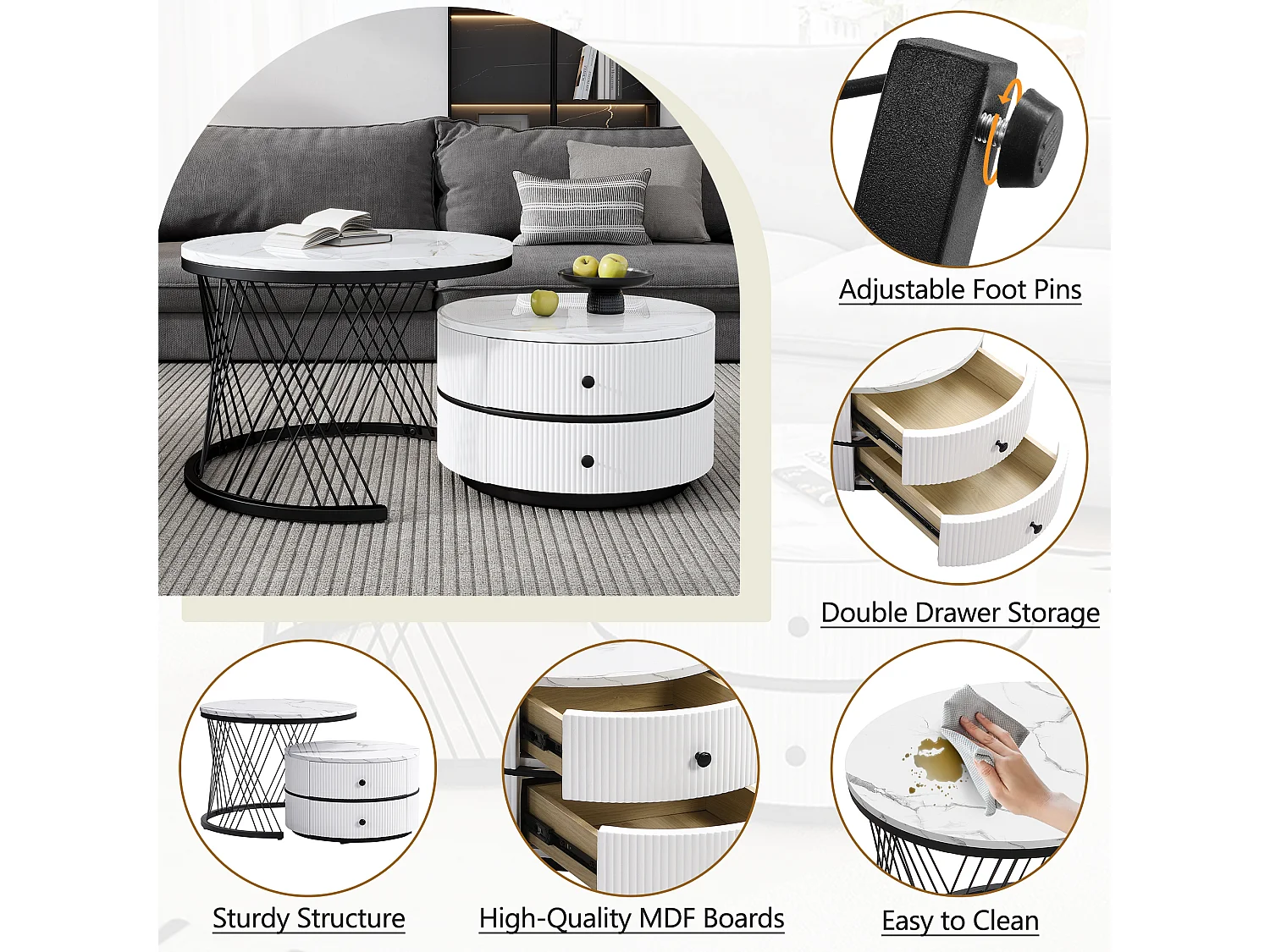 Juego de 2 mesas de centro nido redondas con 2 cajones - 60x60x46cm + 50x50x30,8cm - Motivo mármol - Madera MDF y metal - Blanco + negro