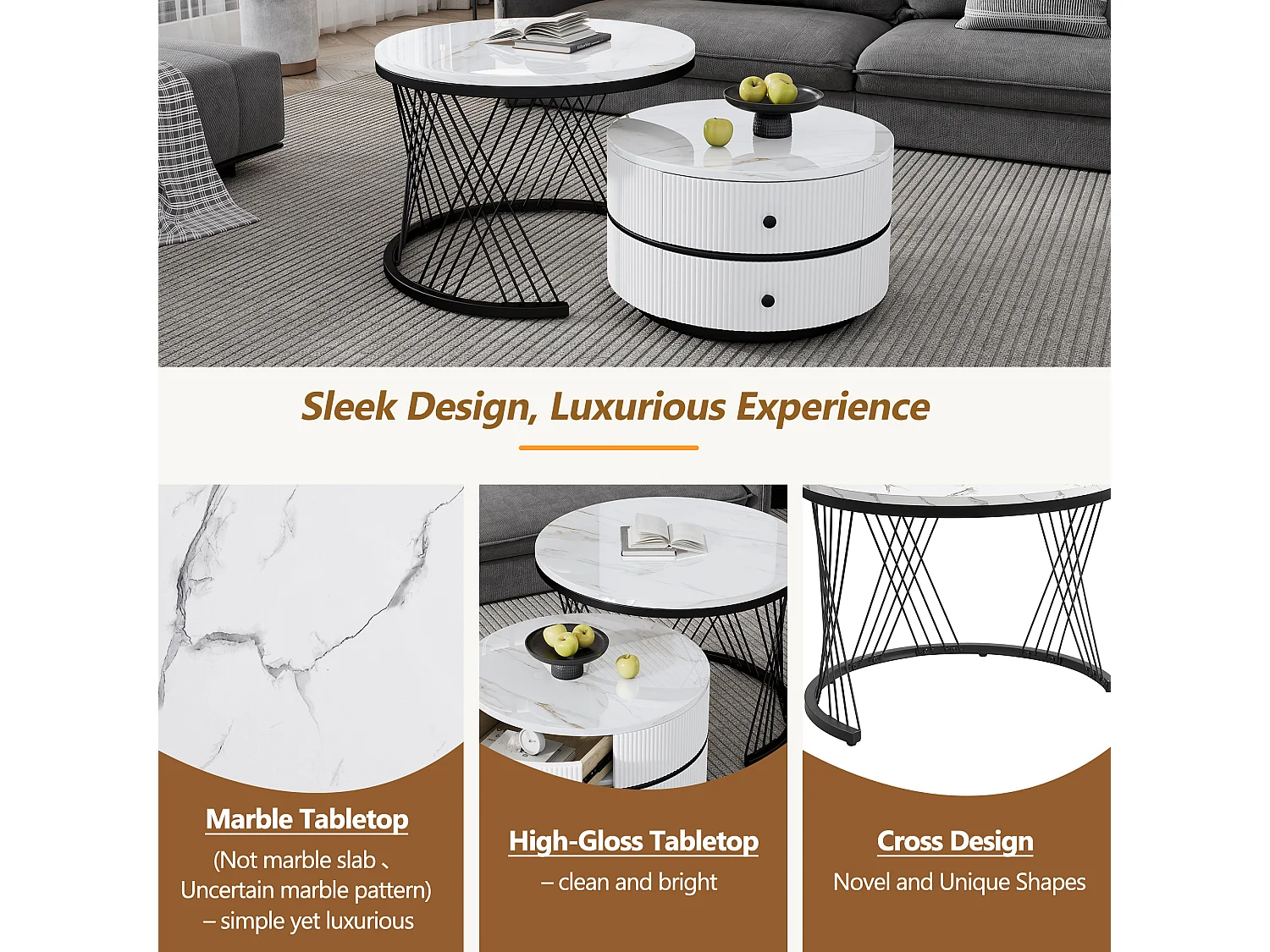 Juego de 2 mesas de centro nido redondas con 2 cajones - 60x60x46cm + 50x50x30,8cm - Motivo mármol - Madera MDF y metal - Blanco + negro