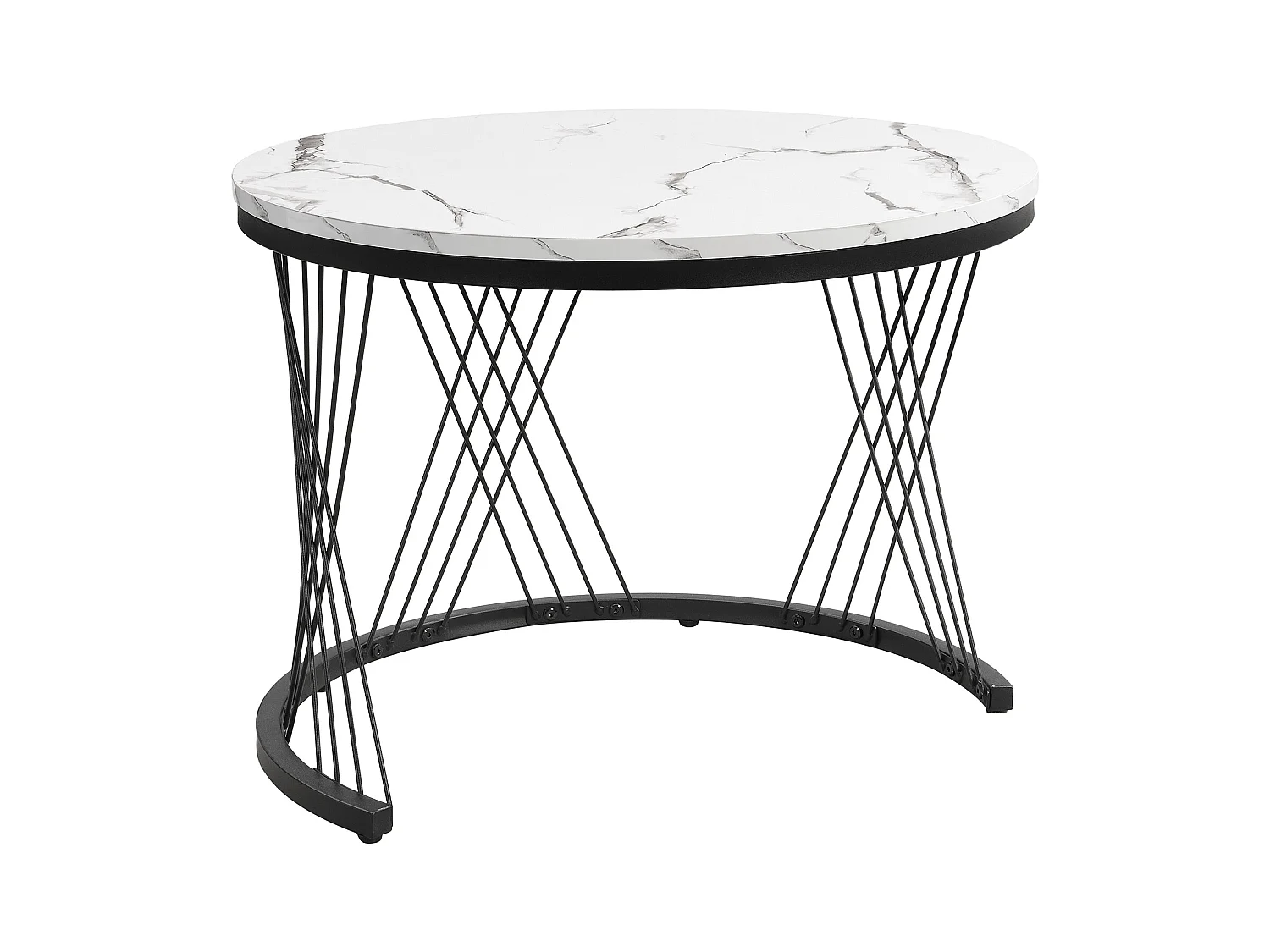 Juego de 2 mesas de centro nido redondas con 2 cajones - 60x60x46cm + 50x50x30,8cm - Motivo mármol - Madera MDF y metal - Blanco + negro