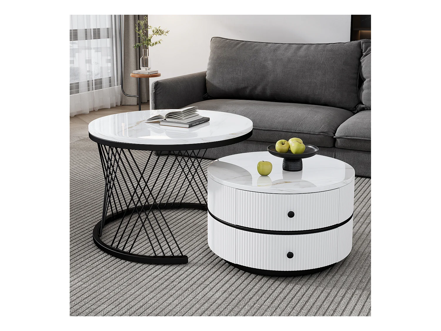 Set aus 2 runden, ineinander steckbaren Couchtischen mit 2 Schubladen – 60 x 60 x 46 cm + 50 x 50 x 30,8 cm – Marmormuster – MDF-Holz und Metall – Weiß + Schwarz