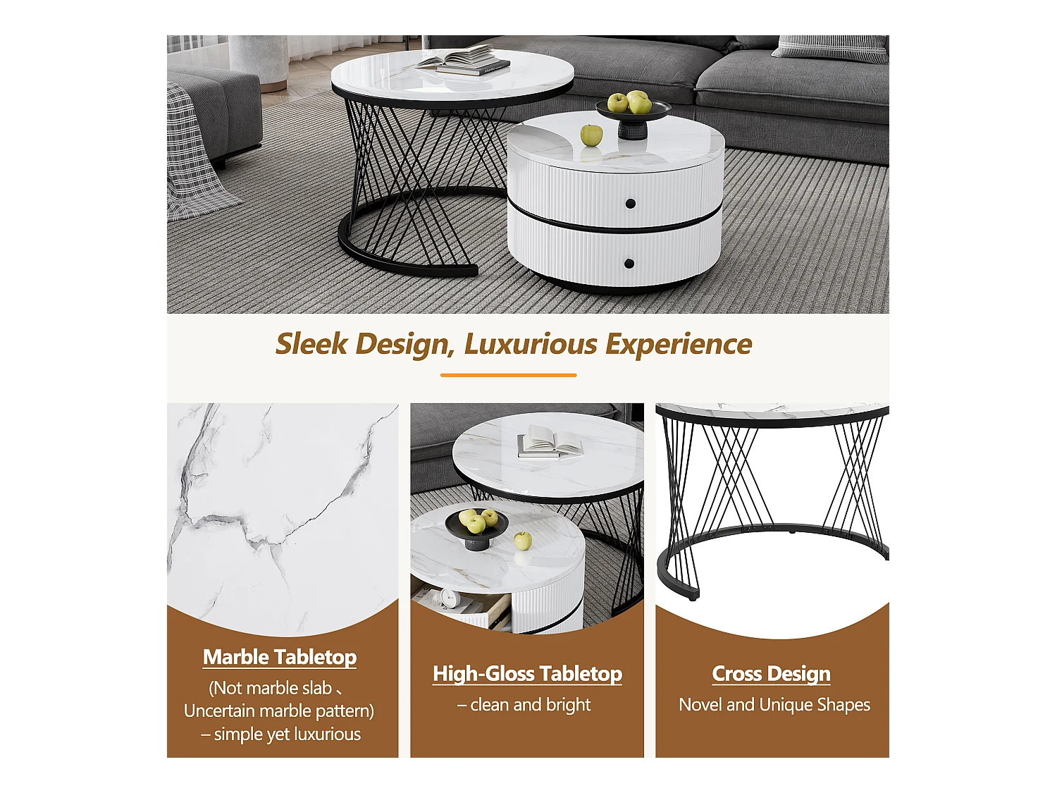 Set van 2 ronde in elkaar geschoven salontafels met 2 laden - 60x60x46cm + 50x50x30,8cm - Marmerpatroon - MDF hout en metaal - Wit + zwart