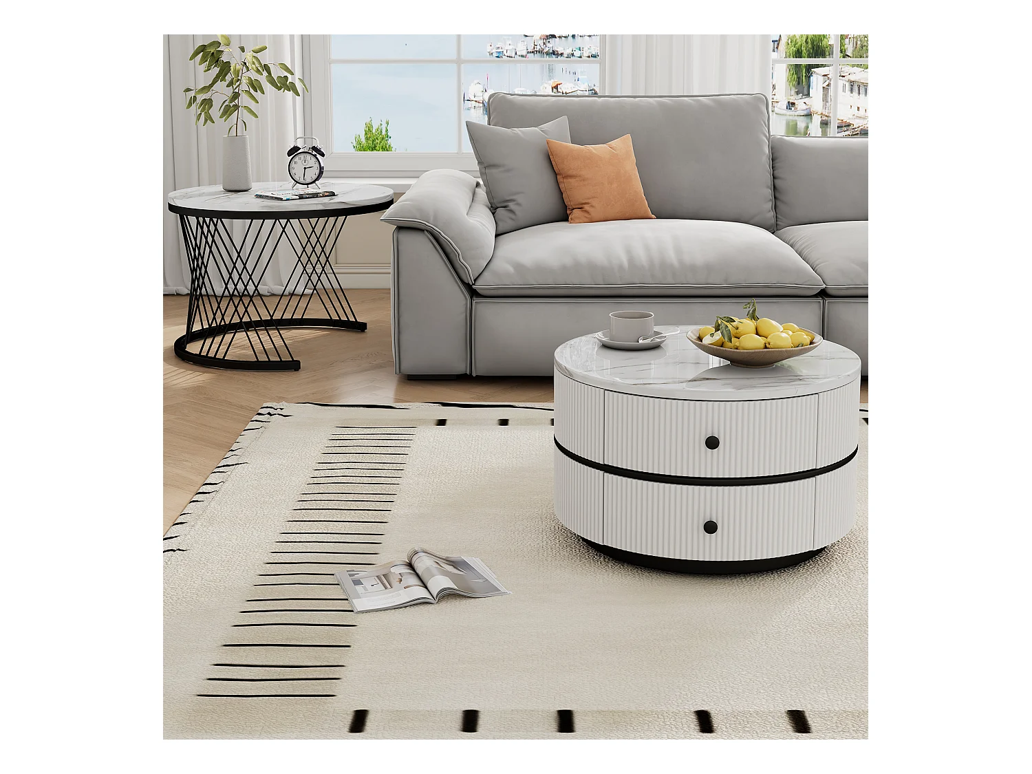 Set van 2 ronde in elkaar geschoven salontafels met 2 laden - 60x60x46cm + 50x50x30,8cm - Marmerpatroon - MDF hout en metaal - Wit + zwart