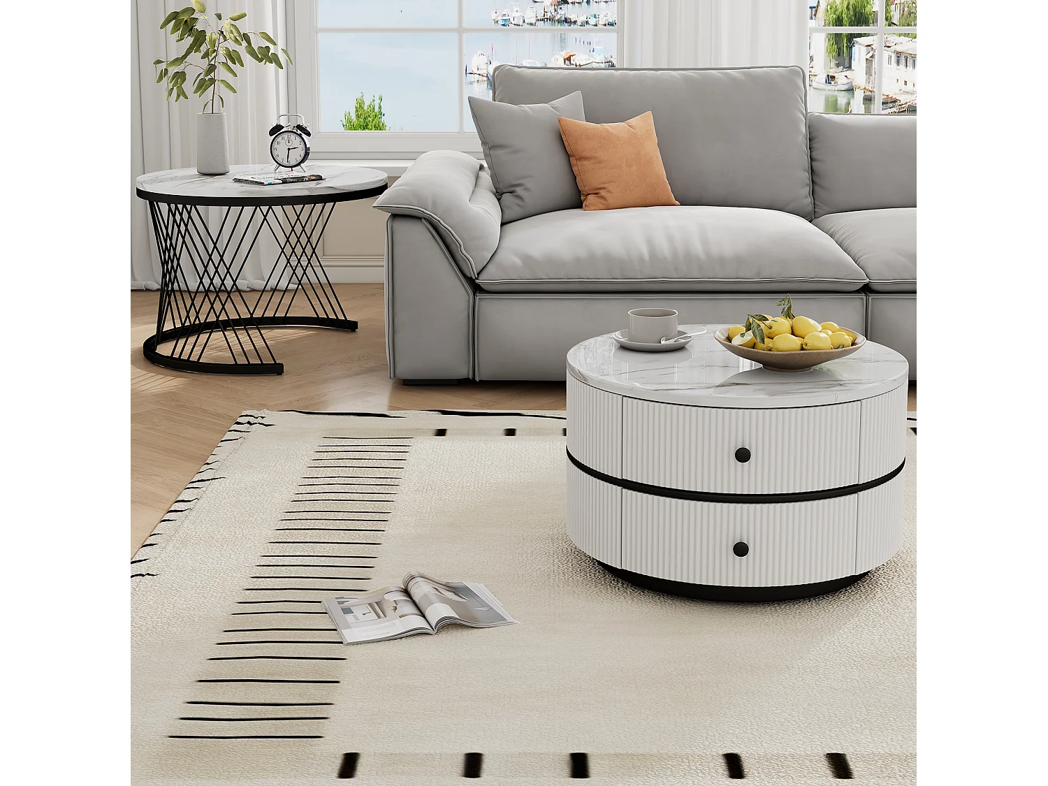 Lot de 2 tables basses gigognes rondes avec 2 tiroirs - 60x60x46cm + 50x50x30.8cm - Motif à marbre - Bois MDF et métal - Blanc + noir