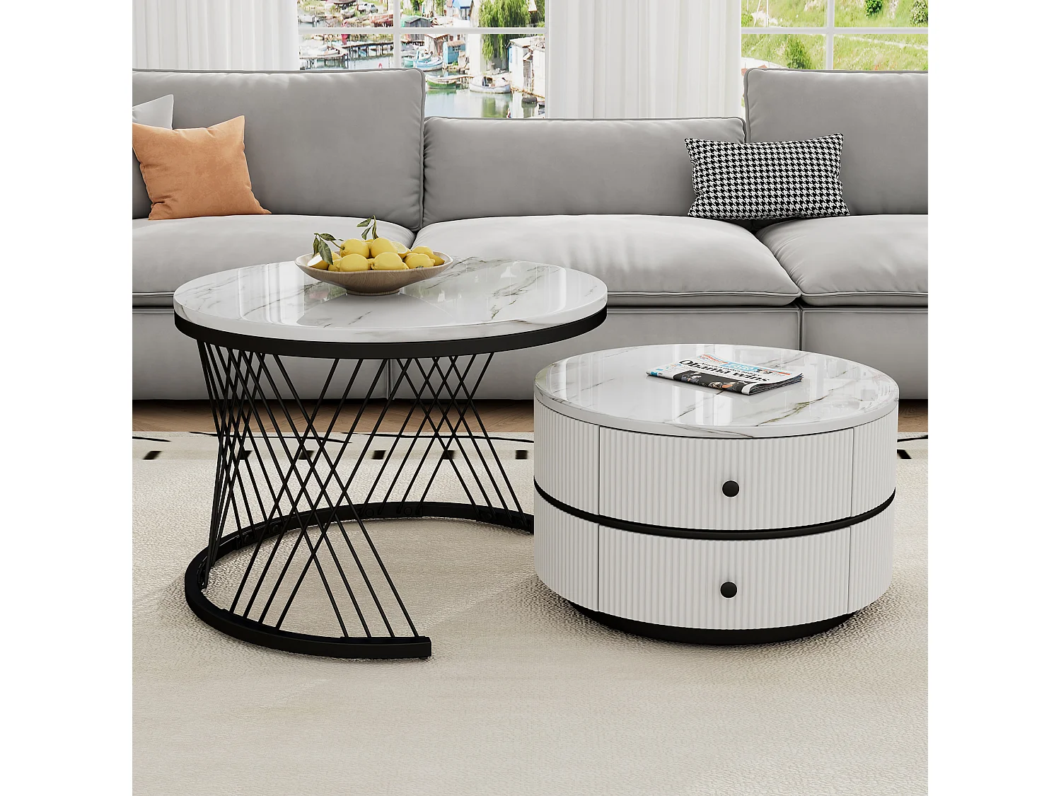 Lot de 2 tables basses gigognes rondes avec 2 tiroirs - 60x60x46cm + 50x50x30.8cm - Motif à marbre - Bois MDF et métal - Blanc + noir