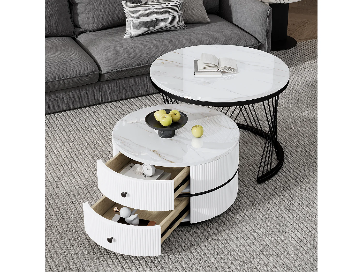 Lot de 2 tables basses gigognes rondes avec 2 tiroirs - 60x60x46cm + 50x50x30.8cm - Motif à marbre - Bois MDF et métal - Blanc + noir