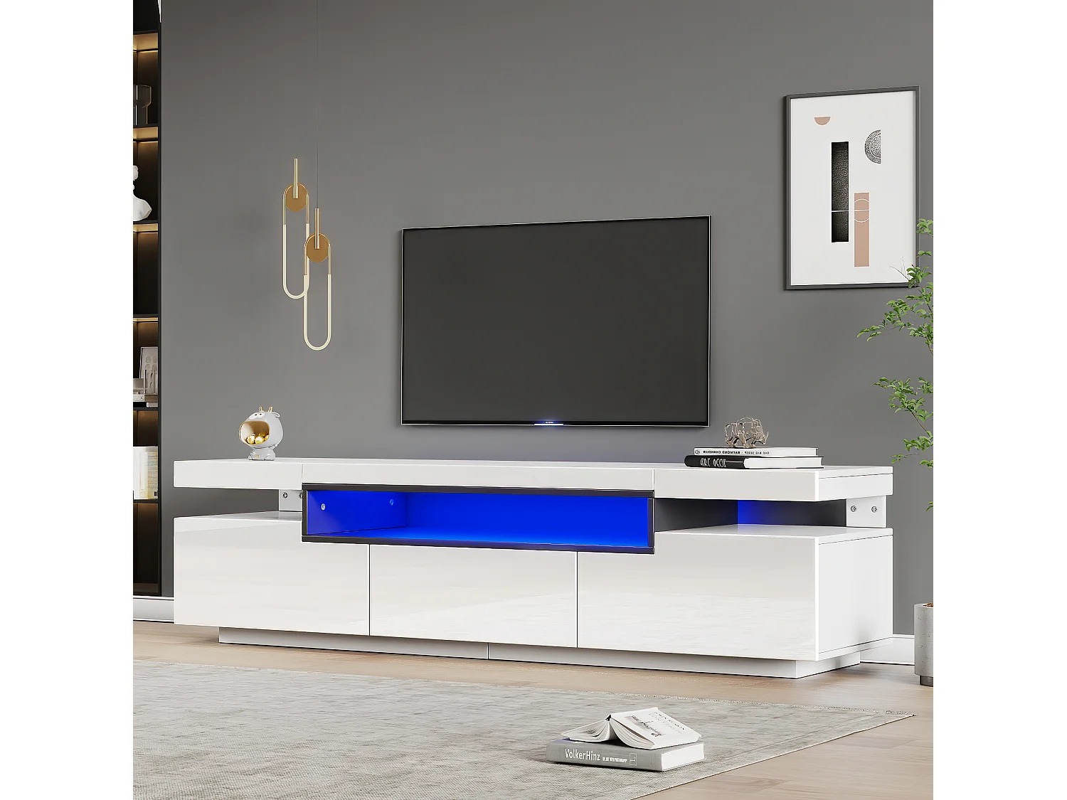 TV-meubel met 3 lades en open vakken - 160 x 39 x 42 cm cm - LED's - Spaanplaat - Glanzend wit
