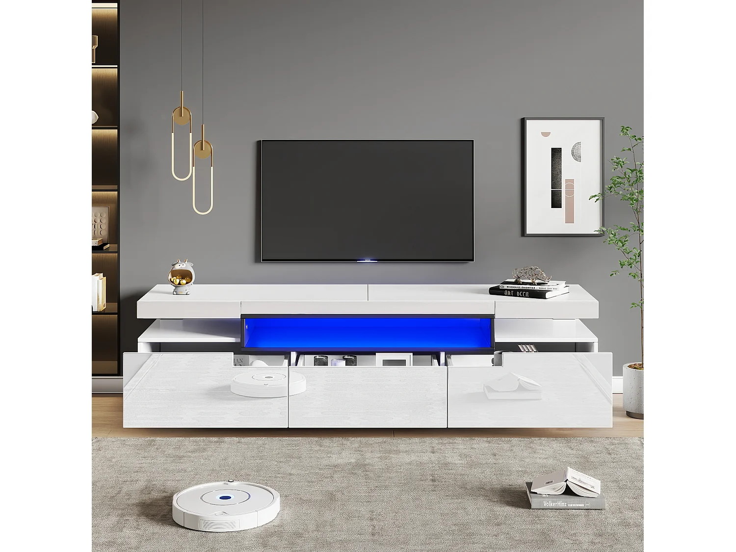 TV-meubel met 3 lades en open vakken - 160 x 39 x 42 cm cm - LED's - Spaanplaat - Glanzend wit