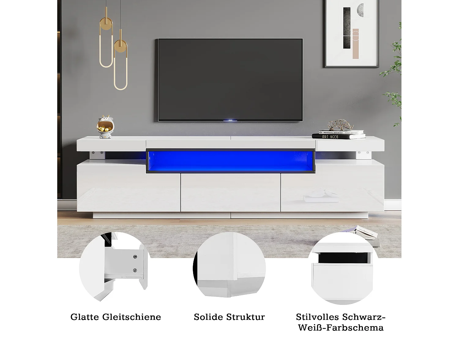TV-meubel met 3 lades en open vakken - 160 x 39 x 42 cm cm - LED's - Spaanplaat - Glanzend wit