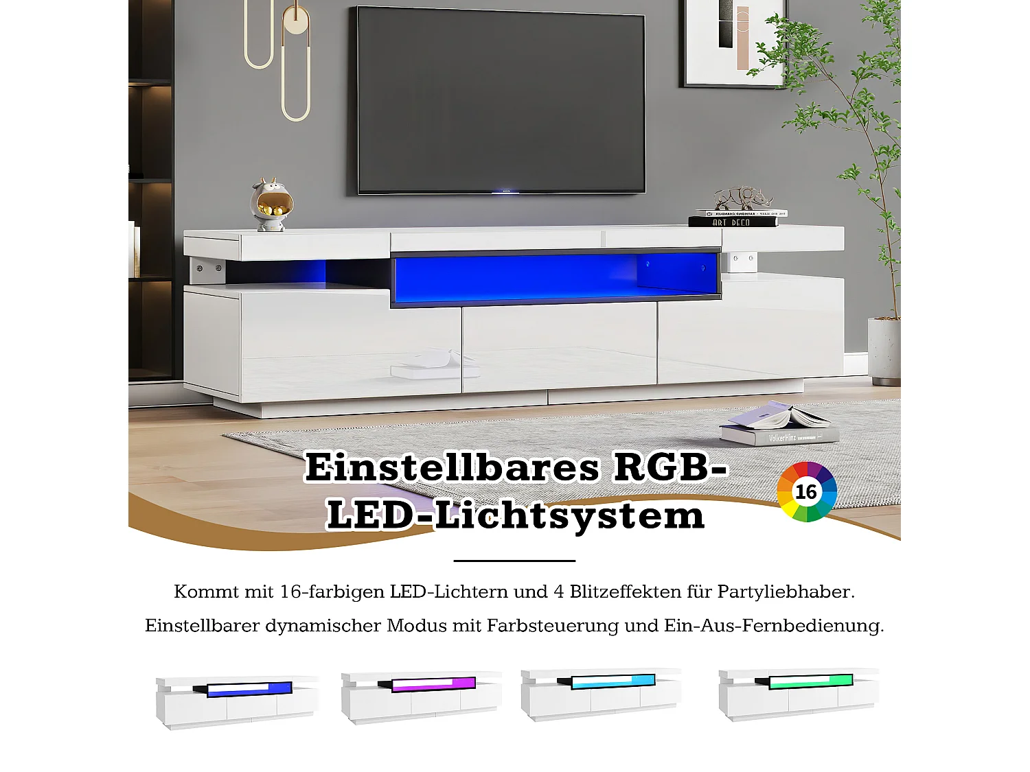 Mobile TV con 3 cassetti e vani a giorno - 160 x 39 x 42 cm - LED - Truciolare - Bianco lucido