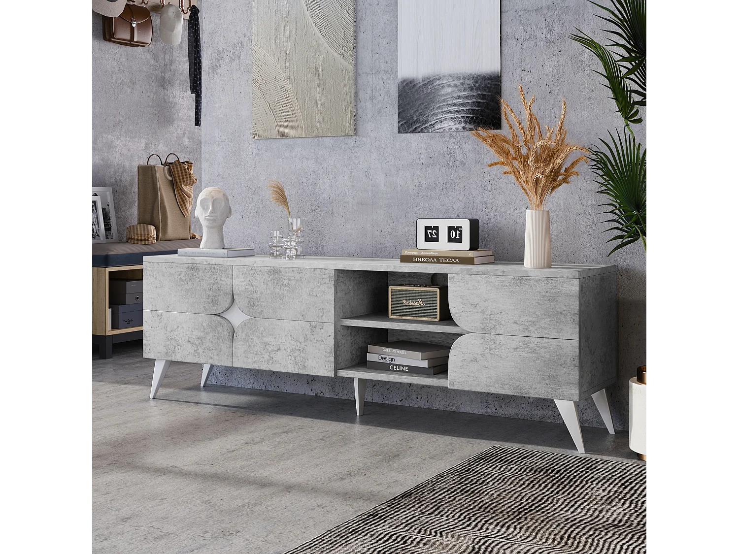 TV-Schrank mit 3 Türen und Ablageflächen – Spanplatte – 160 x 40 x 51 cm – Grau