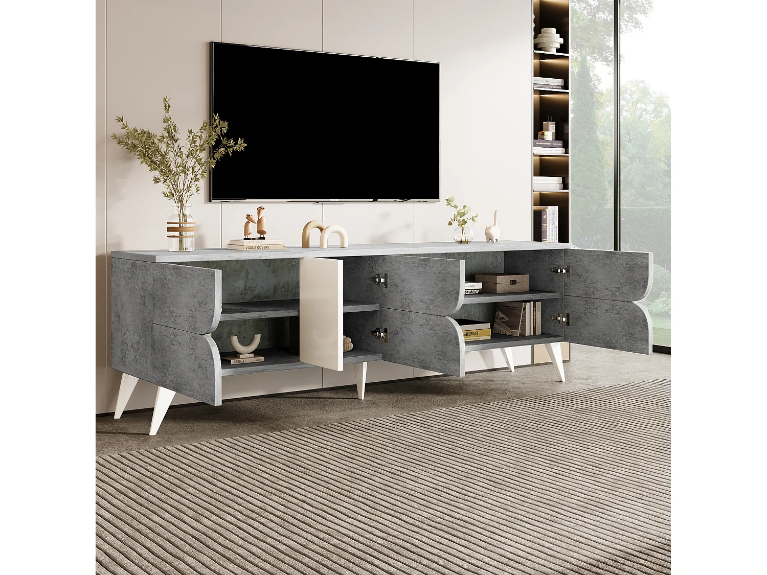 TV-Schrank mit 3 Türen und Ablageflächen – Spanplatte – 160 x 40 x 51 cm – Grau