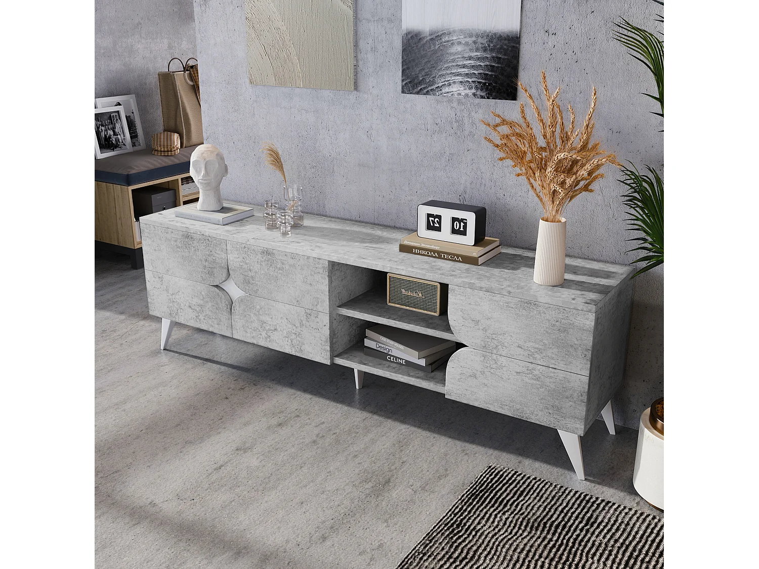 TV-Schrank mit 3 Türen und Ablageflächen – Spanplatte – 160 x 40 x 51 cm – Grau