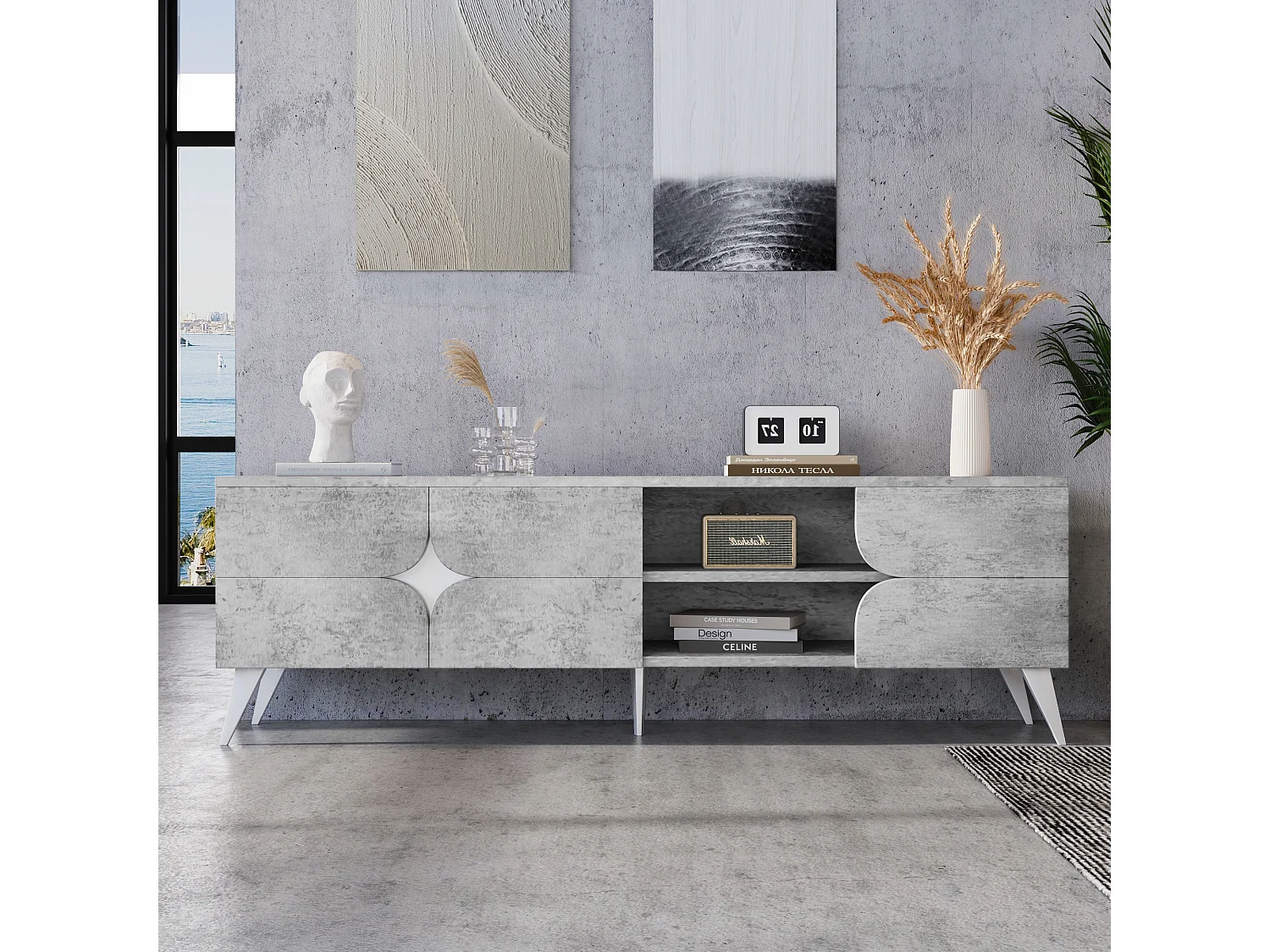 TV-Schrank mit 3 Türen und Ablageflächen – Spanplatte – 160 x 40 x 51 cm – Grau