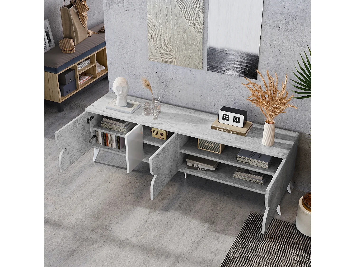 TV-Schrank mit 3 Türen und Ablageflächen – Spanplatte – 160 x 40 x 51 cm – Grau