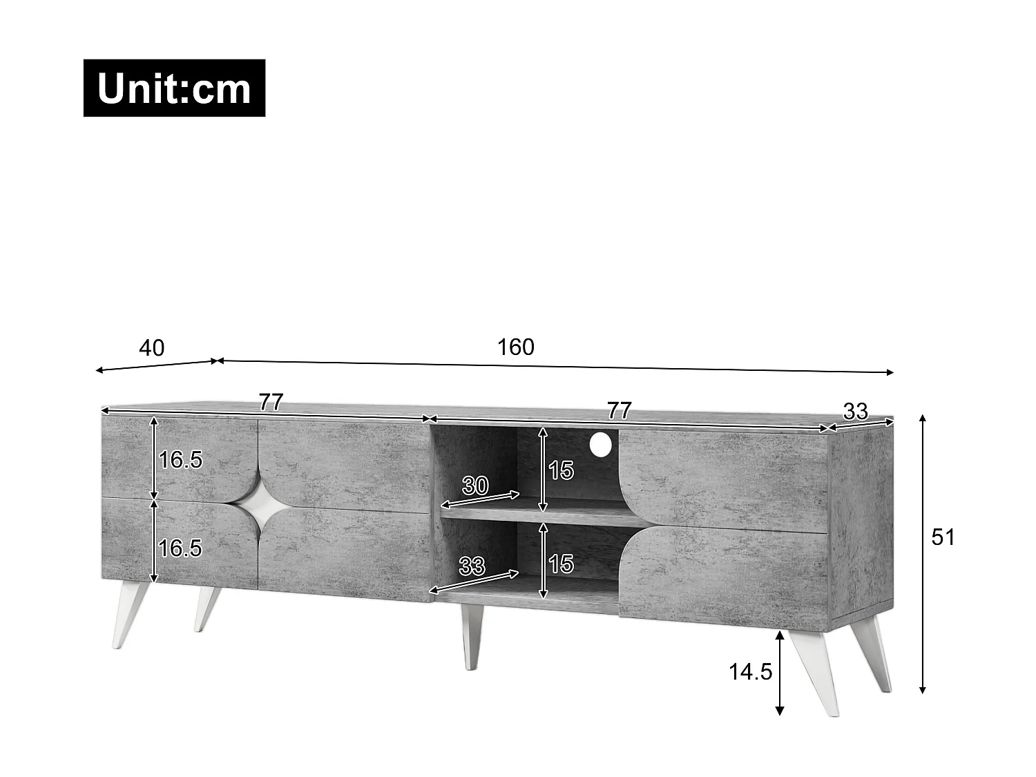 TV-Schrank mit 3 Türen und Ablageflächen – Spanplatte – 160 x 40 x 51 cm – Grau
