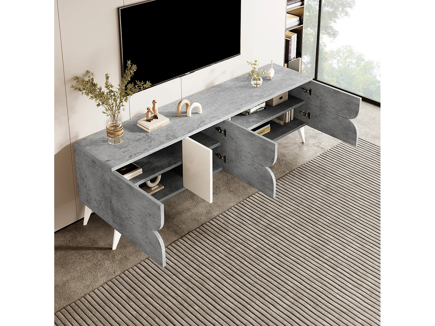 TV-Schrank mit 3 Türen und Ablageflächen – Spanplatte – 160 x 40 x 51 cm – Grau