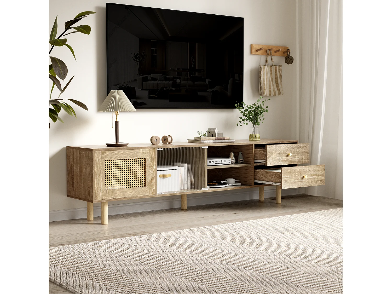 TV-meubel met 2 lades, 1 deur en opbergplanken - 172 x 35 x 48 cm - Spaanplaat - Rotan patroon - Naturel