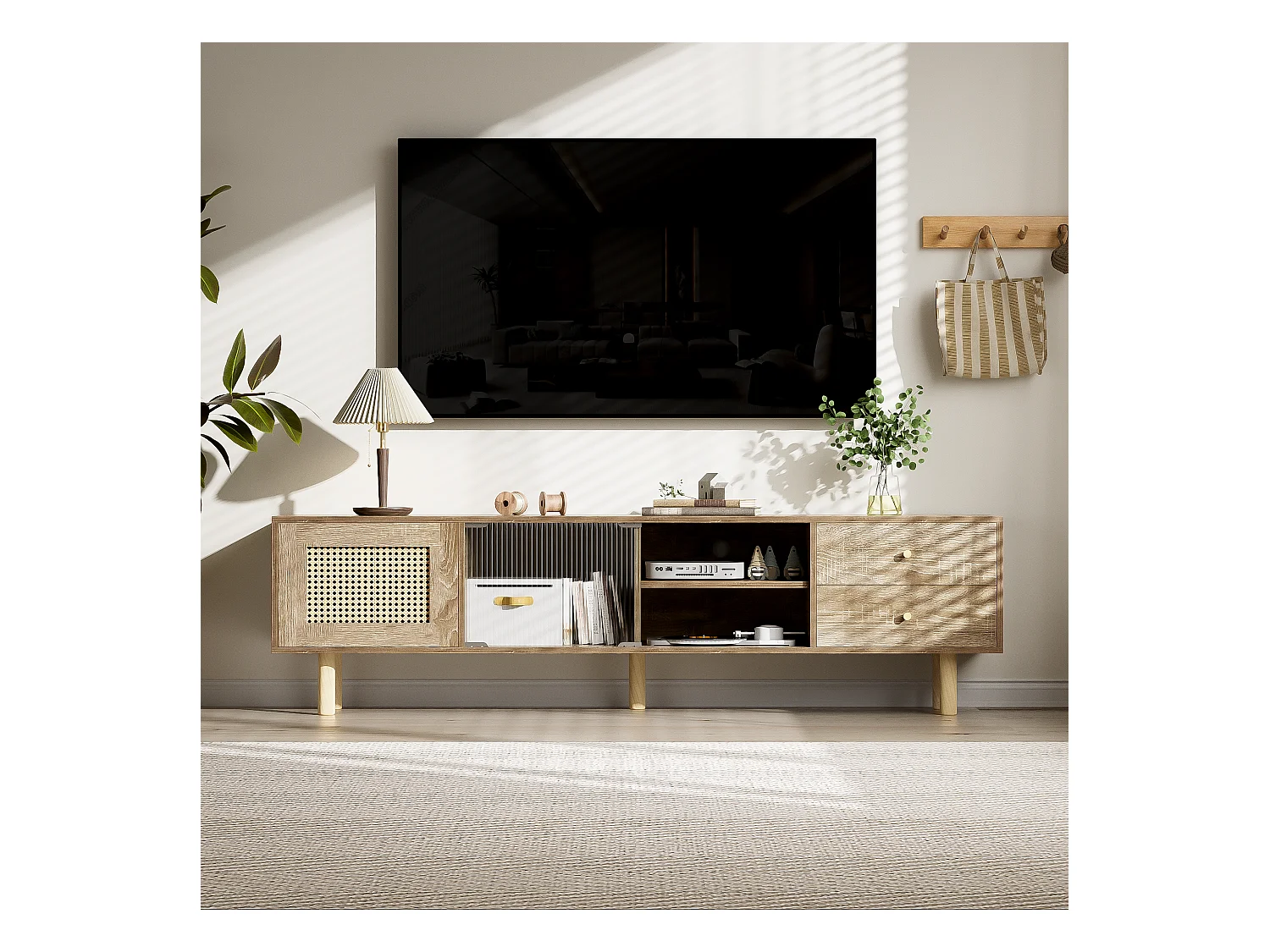 Meuble TV avec 2 tiroirs, 1 porte et étagères de rangement - 172 x 35 x 48 cm - Panneau de particules - Motif rotin  - Naturel