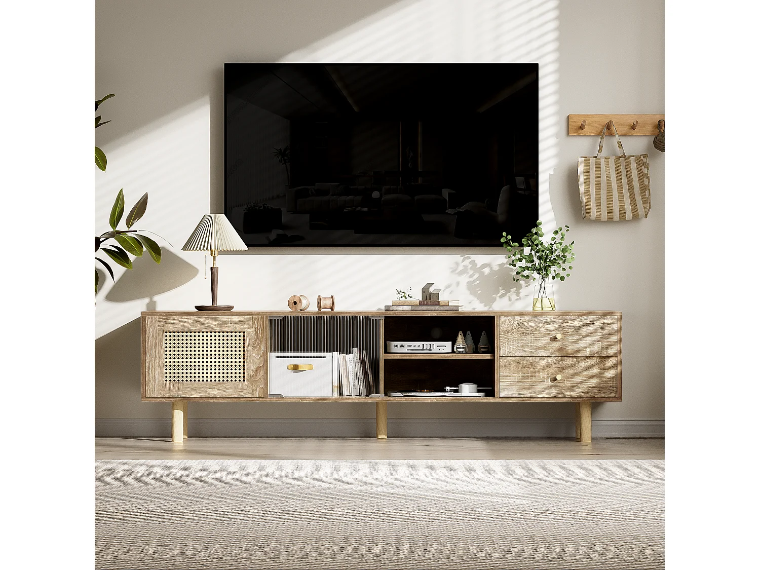 Meuble TV avec 2 tiroirs, 1 porte et étagères de rangement - 172 x 35 x 48 cm - Panneau de particules - Motif rotin  - Naturel