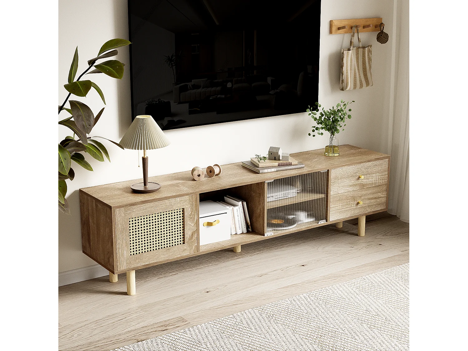 Meuble TV avec 2 tiroirs, 1 porte et étagères de rangement - 172 x 35 x 48 cm - Panneau de particules - Motif rotin  - Naturel