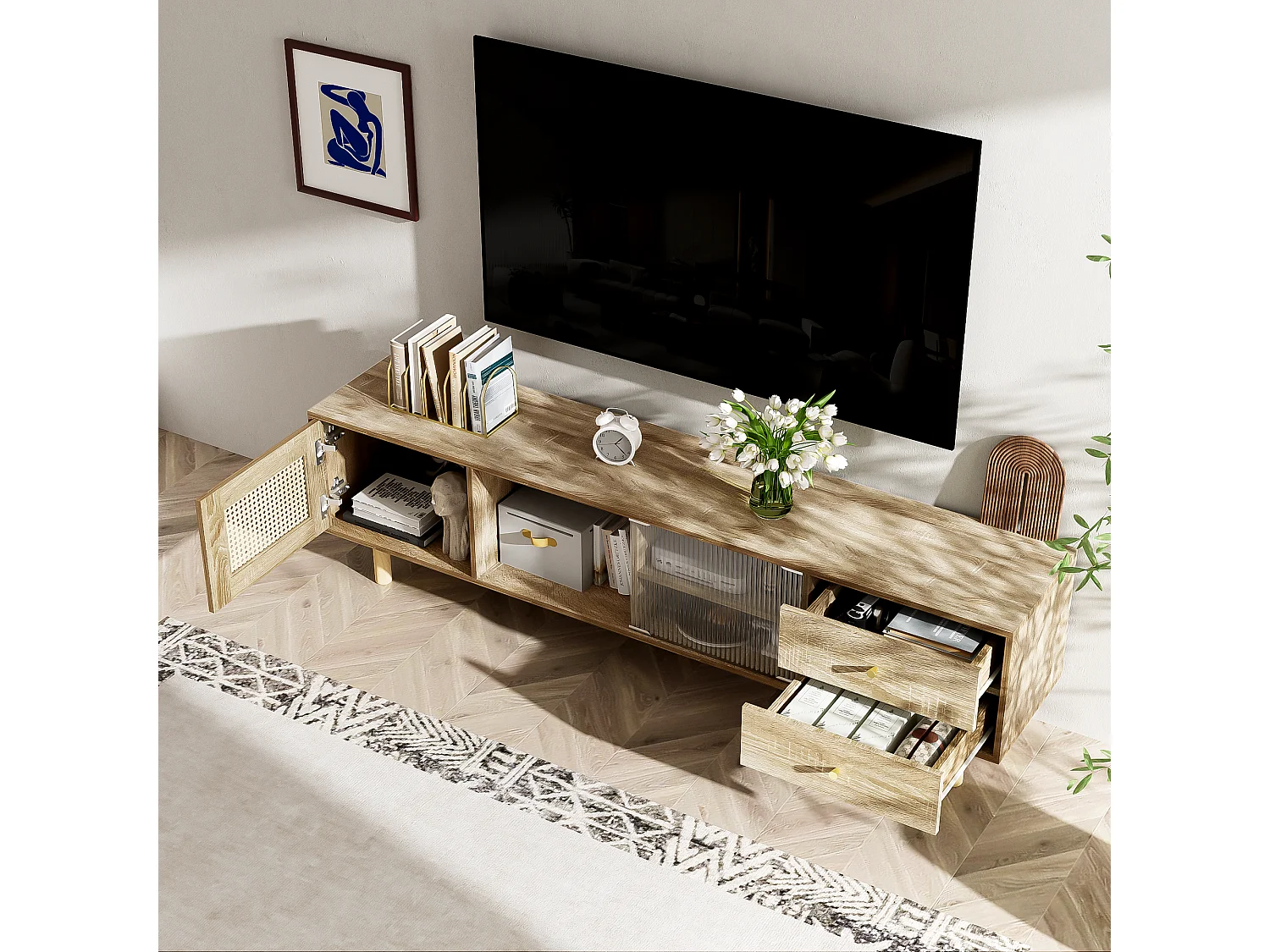 Meuble TV avec 2 tiroirs, 1 porte et étagères de rangement - 172 x 35 x 48 cm - Panneau de particules - Motif rotin  - Naturel