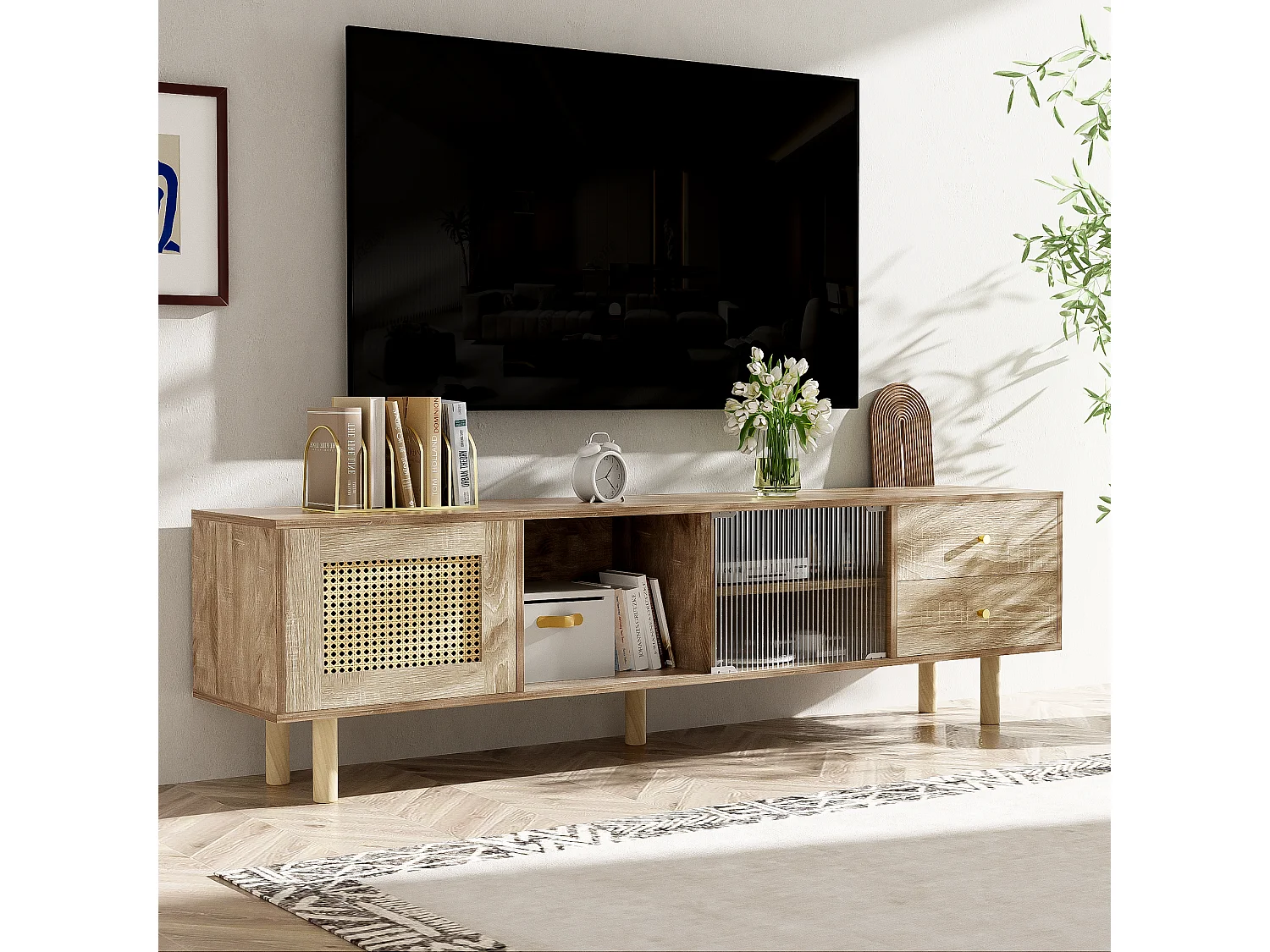 Meuble TV avec 2 tiroirs, 1 porte et étagères de rangement - 172 x 35 x 48 cm - Panneau de particules - Motif rotin  - Naturel