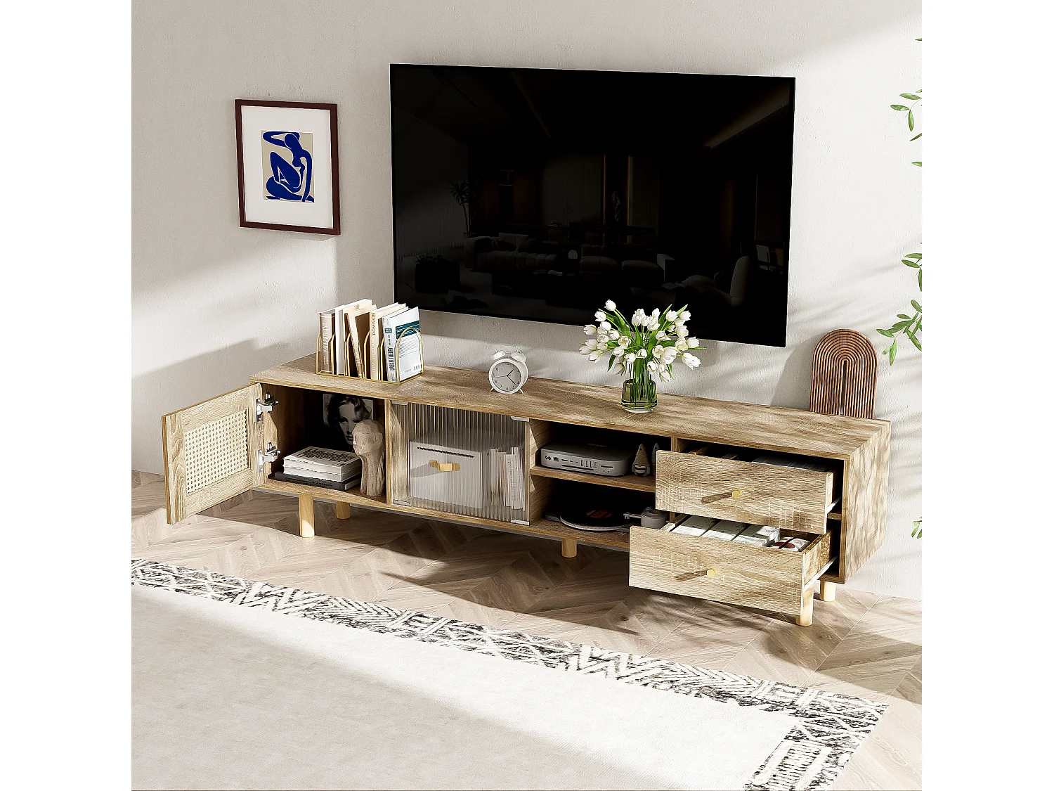 Meuble TV avec 2 tiroirs, 1 porte et étagères de rangement - 172 x 35 x 48 cm - Panneau de particules - Motif rotin  - Naturel