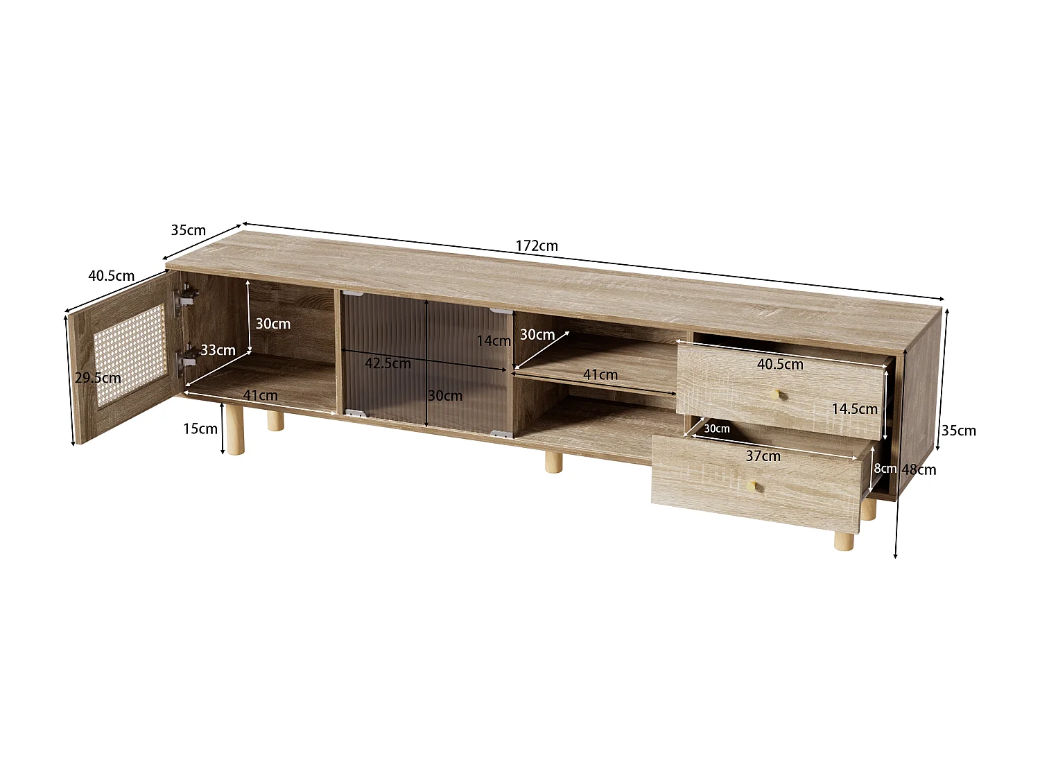 Meuble TV avec 2 tiroirs, 1 porte et étagères de rangement - 172 x 35 x 48 cm - Panneau de particules - Motif rotin  - Naturel