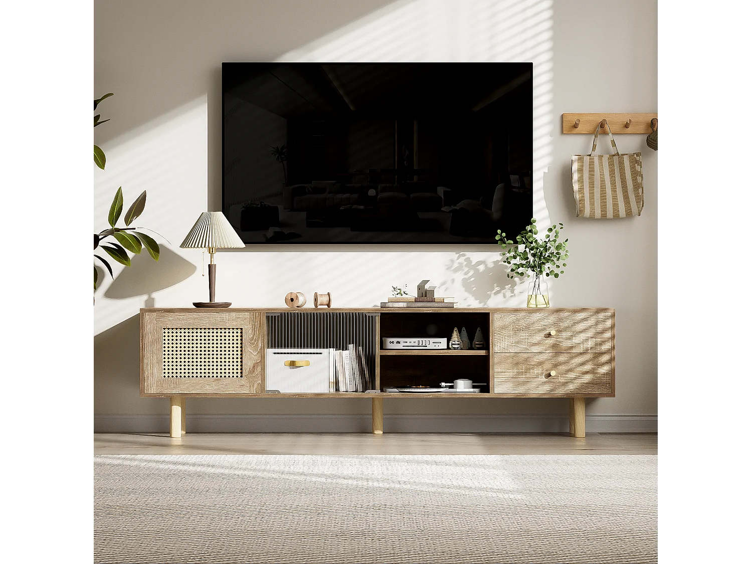 TV-meubel met 2 lades, 1 deur en opbergplanken - 172 x 35 x 48 cm - Spaanplaat - Rotan patroon - Naturel
