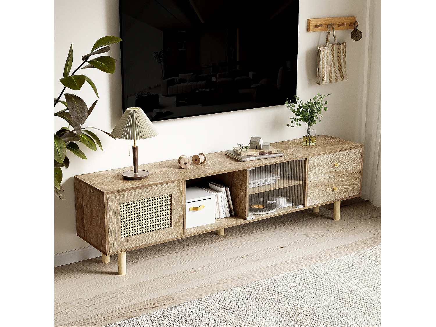 TV-meubel met 2 lades, 1 deur en opbergplanken - 172 x 35 x 48 cm - Spaanplaat - Rotan patroon - Naturel