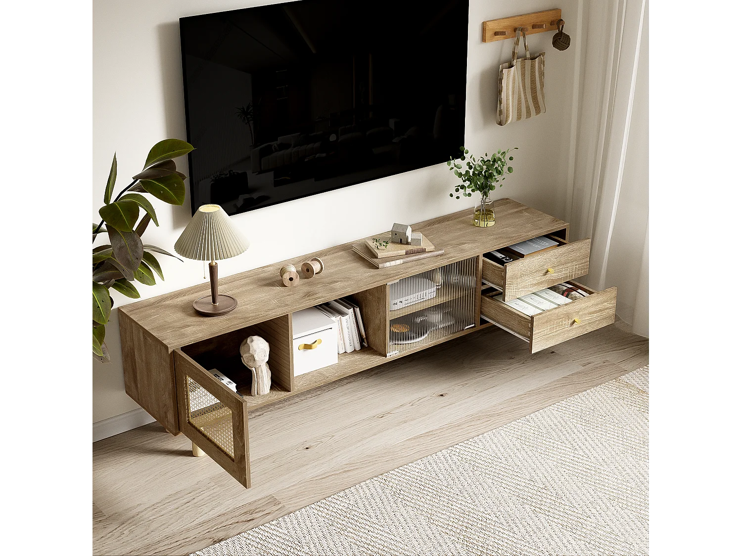 TV-meubel met 2 lades, 1 deur en opbergplanken - 172 x 35 x 48 cm - Spaanplaat - Rotan patroon - Naturel