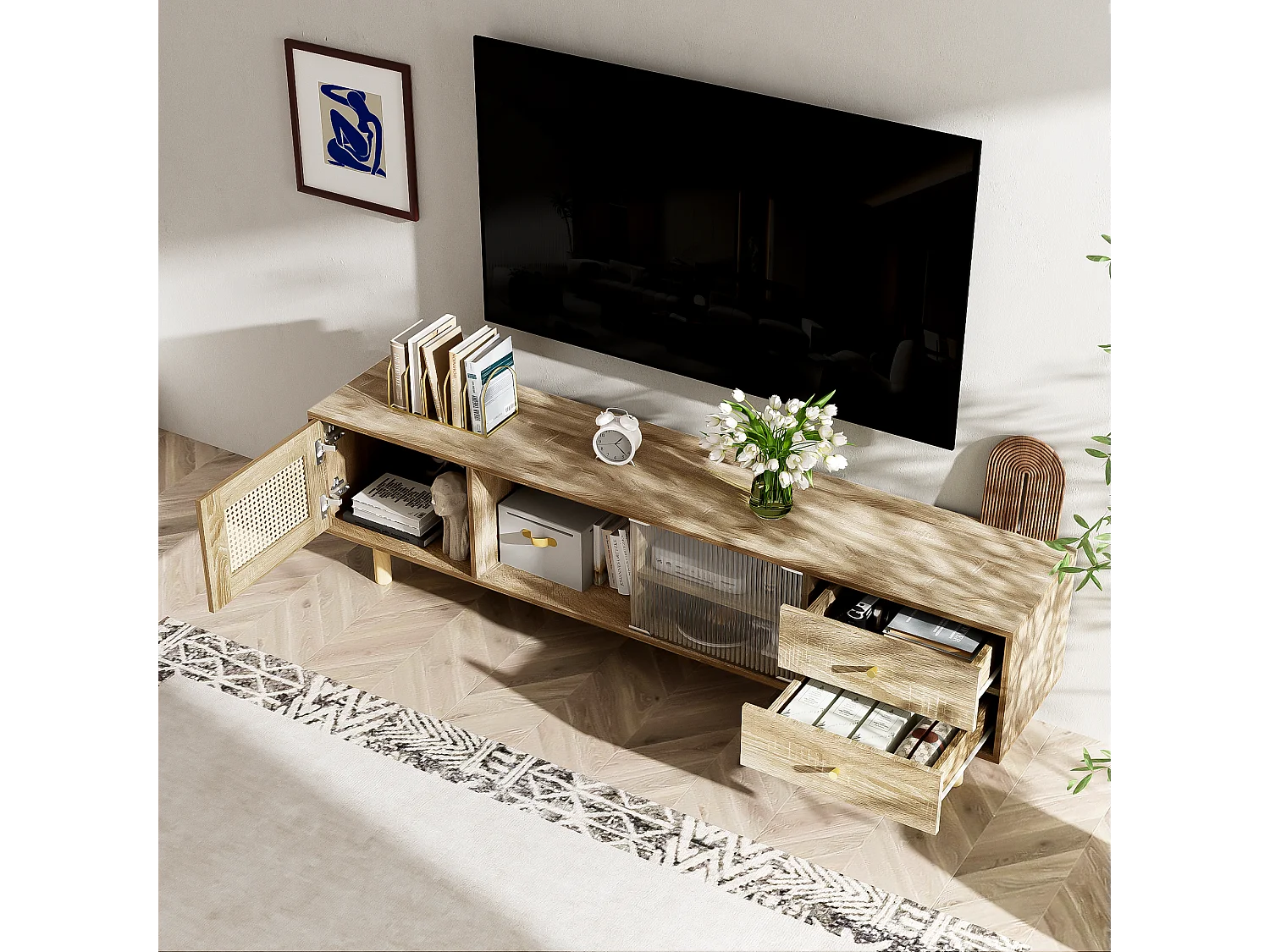 TV-meubel met 2 lades, 1 deur en opbergplanken - 172 x 35 x 48 cm - Spaanplaat - Rotan patroon - Naturel