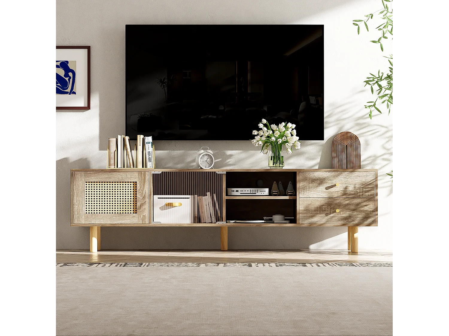 TV-meubel met 2 lades, 1 deur en opbergplanken - 172 x 35 x 48 cm - Spaanplaat - Rotan patroon - Naturel